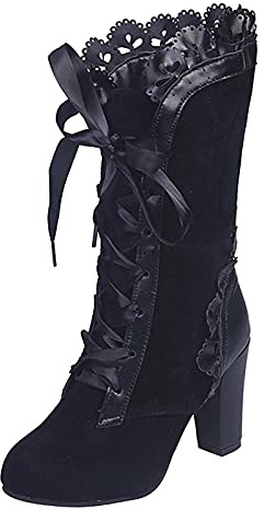 OBiQuzz Women's Gothic Steampunk Ankle Boots with Heel - Black, Size 39 EU, Short Shaft, Fur Lining, Water-Repellent, Block Heel, Lace Shape, Cosplay, Winter