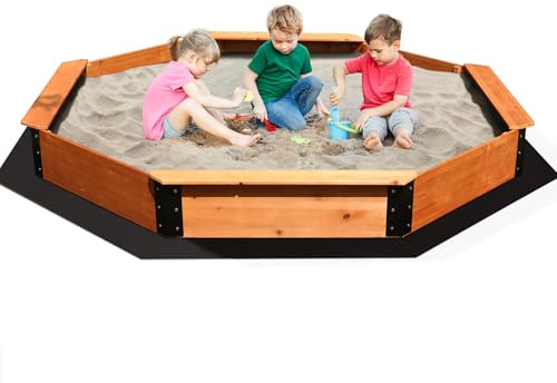 FUNTOK 85''x85''x9'' Octagon Sandbox for Kids, Large Natural Wooden Sandpit with 4 Benches, Bottom Liner, PVC Cover, 198 Lbs Weight Capacity, Sand Box for Backyard, Patio, Outdoor Play