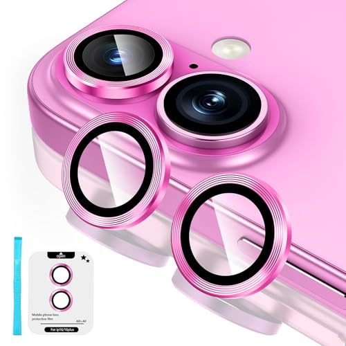 Fewdew för iPhone 16/iPhone 16 Plus kameralinsskydd, 9H härdat glas [Ultra HD] [Anti-skrapa] metall individuell ringkamera skärmskyddsfodral, rosa