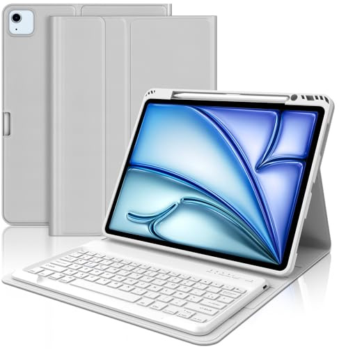 WAVATA Clavier pour iPad Air 13 M4 2026/M3 2025/M2 2024, iPad Pro 12.9 6e/5e/4e/3e Gén 2022/2021/2020/2018, Coque Clavier Magnétique Détachable Français AZERTY Layout, Gris Clair