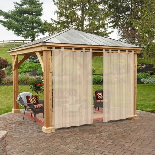 BTTO Rideaux d'Extérieur, Lot de 2 Rideau Voilage Lin à Pattes Imperméables Lumière Filtrer Transparent pour Interieurs ou Exterieurs Decoration Jardin Patio Maison, L132 x H213 cm, Kaki