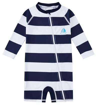 upandfast Traje de Baño para Niño con Rayas Dinámicas Anticloro - Bañador UV Manga Larga sin Capucha, Protección UPF 50+ y Cremallera Fácil 12-18M