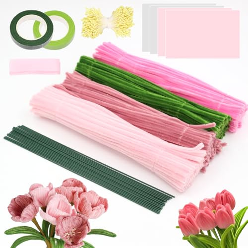 Set di 300 detergenti per fiori in tubo - 4 colori vivaci con filo verde, nastro e foglie decorative | Perfetto per la decorazione della tavola in floristica, decorazione della tavola e artigianato |