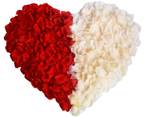 Notoke 2000 Stück Künstliche Rosenblätter, Kunstblumen Rosenblätter Deko für Hochzeit, Romantische Abende, Tischdeko, Party, Valentinstag - Rot und Weiß
