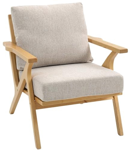 HOMCOM Fauteuil Salon Scandinave Tissu Effet Lin avec Coussins Épais Beige | Assise Rembourrée, Pieds Bois d'Hévéa, Chaise de Salon, Chambre, Coins Lecture
