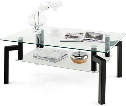GOPLUS Mesa de Centro de Cristal de 2 Niveles
