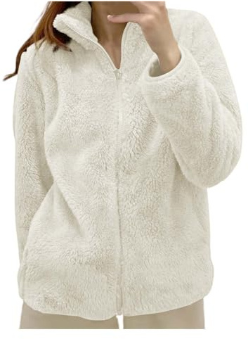 felpe in pile donna con zip giacca Pile Donna Giacca da Senza Cappuccio Con Zip Giacche coat Teddy Versione Loose Del Cappotto A Maniche Lunghe Autunno e Inverno Caldo cappotto Homewear (White, L)