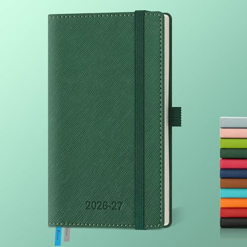 IN-LUXPRO Agenda 2026 2027: De poche Agenda Semainier et Carnet de Notes Petit A6(16,4x9,5cm)18 Mois Scolaire Planner(Du Juil.26 à Déc.27) - Couverture Rigide en PU Cuir, Papier 80g/m² Vert