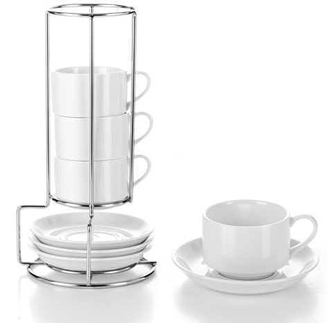 APACALI Set med 4 cappuccinokoppar med tjock vägg på 100 ml, med 4 underfat och stativ, stapelbara, i porslin, diskmaskinssäkra, vita