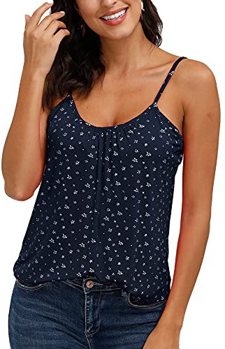 ELFIN Damen Spaghetti Top Sommer Tanktop Bluse Ärmellose Falten Basic Shirt Sommer Strand Bluse Oberteile Lässiges (XL, Druck-blau)