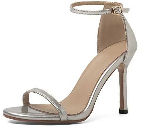 Sandalias para Mujer de Tacón Alto, Sandalias Punta Abierta Sencillo Tacón de Aguja Zapatos de Vestir Hebilla Correa de Tobillo 001 Plateado Talla 33 EU