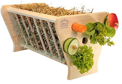 Resch Nr44 Futterkrippe XL, naturbelassenes Massivholz aus Fichte/mit Lochwand und Rundstäbe zum stecken oder hängen von Snacks/Großer Heuraufe von Zwei Seiten zugänglich / 37 x 21,5 x 24cm (LxHxB)