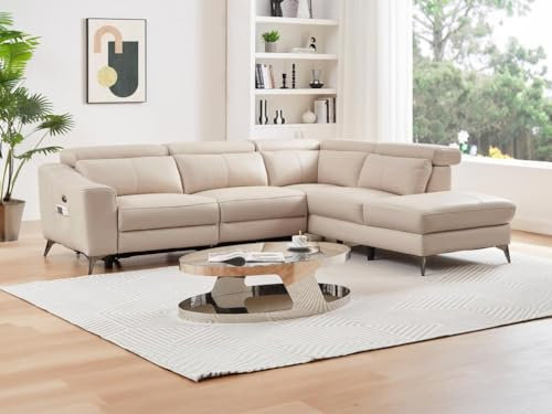 Vente-unique - Divano relax elettrico con angolo destro – Pelle bianca crema – FORLO