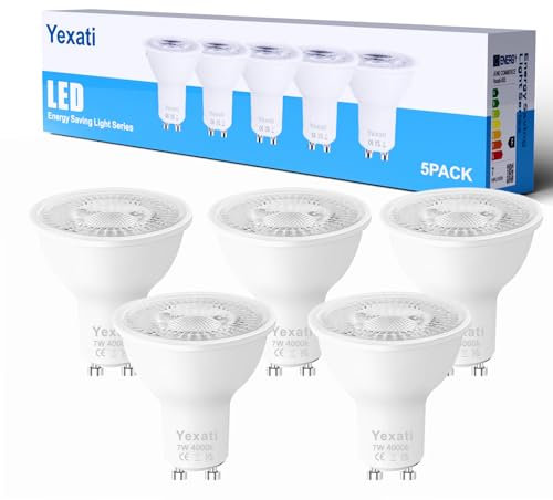 Yexati Ampoule Led Gu10,7w(équivalent halogène 50w), Sans Scintillement Spot 550 lumens,Nature blanche 4000K,Non Dimmable,AC 220-240V,Angle de Faisceau 120°,Lot de 5
