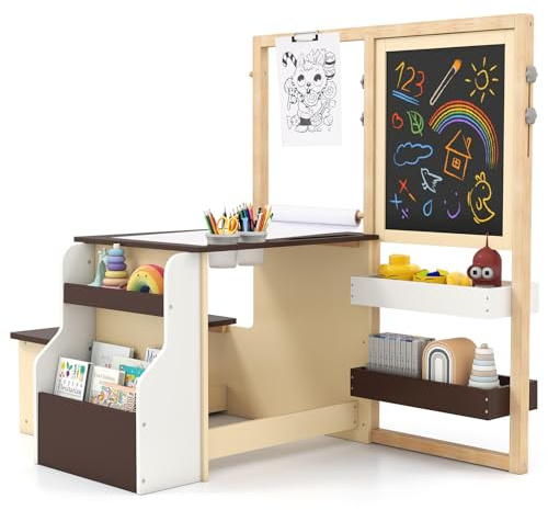 GOPLUS Bureau Enfant avec Rangement, Tableau Chevalet Enfant Double Face Ajustable, Table d'Activité avec Banc, Rouleau de Papier, Tableau Blanc/Noir, Bureau Enfant Fille Garcon 3+Ans (Café)
