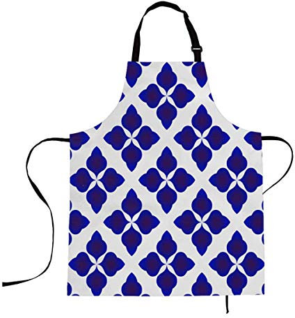 Ireser Delantal divertido azul y blanco abstracto floral sin costuras patrón tailandés cuello ajustable delantal de cocina para hombres y mujeres, cocina, hornear, barbacoa, parrilla, 27 x 31