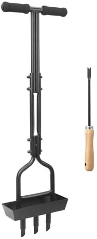 YHUEGH Hollow Tine Aerator Lawn Core Aerator, Lawn Aerator with Storage Tray, T-Handle Grass Aerator, Heavy Duty Lawn Scarifier, Manual Lawn Aerators for Compacted Soils