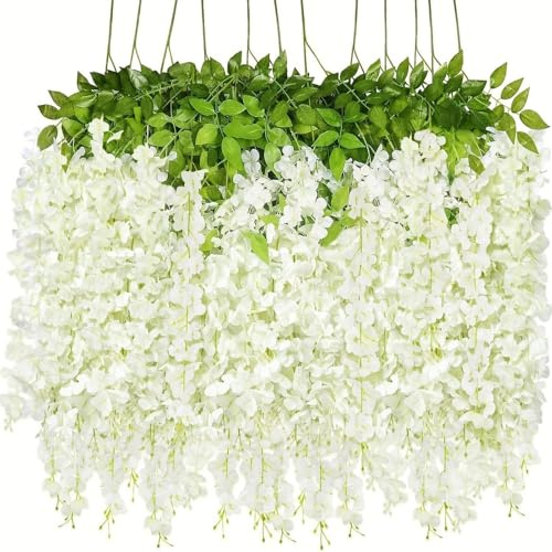 Xshelley12 delar (110 cm) konstgjord konstgjord blåregn vinstockar rotting hängande girlang silke blommor snöre hem fest bröllopsdekor (vit)