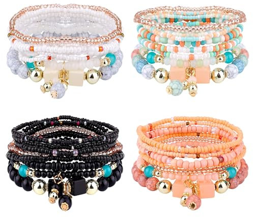 YADOCA 4Sets Böhmische Stretch Perlen Armbänder für Damen Mädchen Mehrreihiges Beads Armband Stapelbar Armband Set Multicolor Schmuck