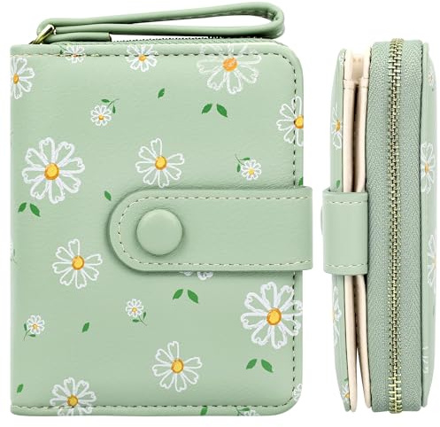 Farcauo Portemonnaie Damen Geldbeutel Frauen Geldbörsen Klein Damen Portemonnaie Mini Geldbörse Grüne Blumen Design Geldbörsen Frauen mit Ausweisfach und Kartenhüllen Klein Portmonee