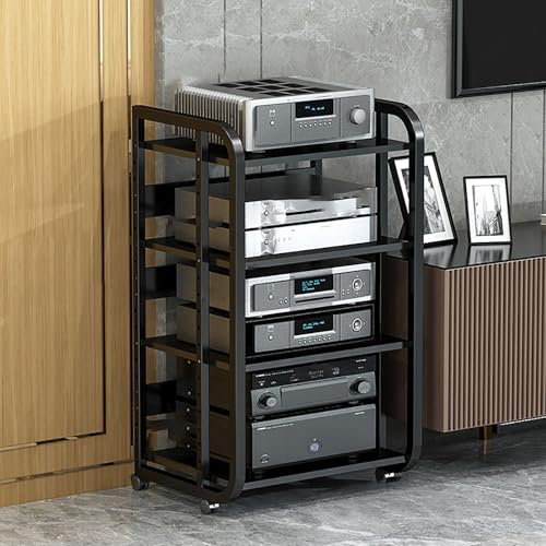 Audio Rack Gaming Hylla DVD Hylla AV Media Stand Hörnhylla med förvaringshyllor och Universal Wheel Record Player Stand för Living Room Gaming Room Music Studio Recording Room.(Black,50.1x42.5x90cm)