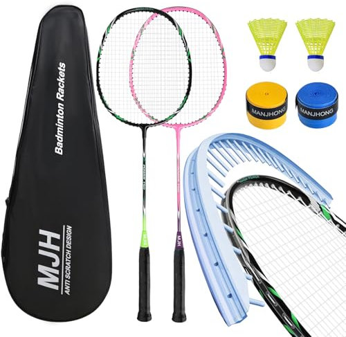 MANJHONG Badminton Schläger Set mit Federbälle, Griffband und Schlägertasche - Leichtgewicht Federballspiel für Erwachsene (Schwarz+Rosa)