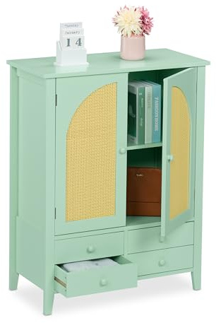 Relaxdays Credenza Ingresso e Salotto, Comò Cassettiera con 2 Ante in Rattan e 4 Cassetti, HLP: 90x70x34 cm, Turchese