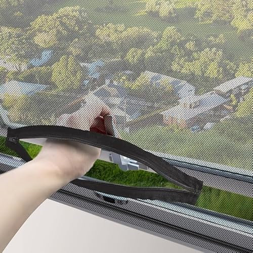 REDTRON DIY Window Screen with Zipper Opening (1 Piece,Black), 130cm*150cm Self-Adhesive Window Screen Mesh, Adjustable Mosquito Window Net Keep Bugs/Flies Out