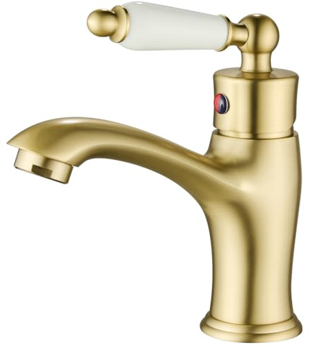 Maynosi Traditional Bathroom Basin Mixer Tap, Luxury Victorian Basin Mixer, Single Lever Mono Sink Tap with Flexible Tails, Retro Ceramic Handle Faucet for Cloakroom, Solid Brass (Brushed Gold)