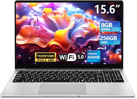 Laptop, 15.6 inch Laptops Celeron N4000 Processor with 8GB RAM 256GB SSD, FHD 1920*1080P, 180°Opening, Slim Light Netbook WiFi5 Mini-HDMI BT5.0, Thin & Light Lap Top for Student Business Work
