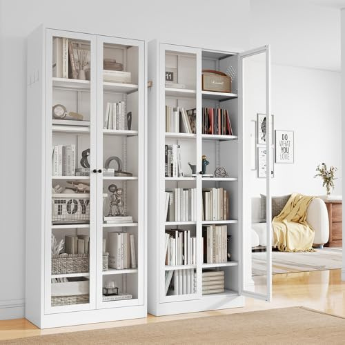 FLIXELIO Full Glass Door Steel Pantry Cabinet 71 Tall Metal Kitchen Storage Organizer with Adjustable Shelves, Double Glass Doors Storage Cabinet for Kitchen, Dining Room, Garage, Assembly Required
