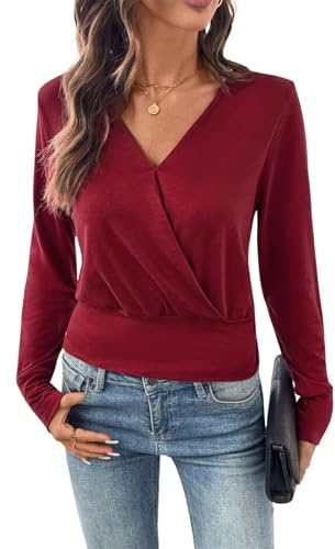 EVALESS Womens Blouses Dressy Casual Cross Wrap V Neck Long Sleeve Tops Trendy Shirts Spring 2026 Red Dahlia M