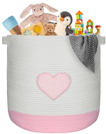 Large Woven Storage Basket Baby Laundry Basket Pink Heart Cotton Rope Toy Storage Basket Kid's Pet's Blanket Playroom Organization for Children's Room Living Room Toy & Nursery Container with Handle
