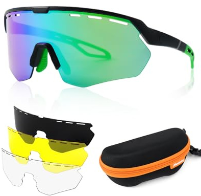 Meeloog Cycling Glasses for Men Women with 3 Replaceable Lenses | TR90, 3 Lenses Polarized, Night Vision, Clear, UV Protection, Riding Running, Wrap Around, Anti-Slip Lightweight