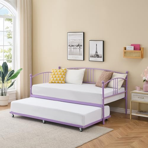 IDEALHOUSE Twin Daybed with Trundle, Metal Twin Size Daybed with Pullout Trundle 6 Casters, Steel Slat Support Sofa Bed for Living Room, Bedroom, Guest Room (Purple)
