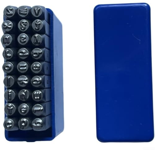 Kit profesional de estampado de acero de 27 piezas con letras minúsculas y dígitos Arial para diseño de joyería personalizada, marcado de piezas industriales y proyectos de cuero