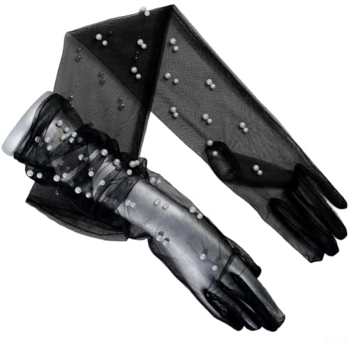 Volakebeing Gants longs élégants en maille pour femme avec détails en perles, tulle, mode de mariée, opéra, gala, soirée, noir