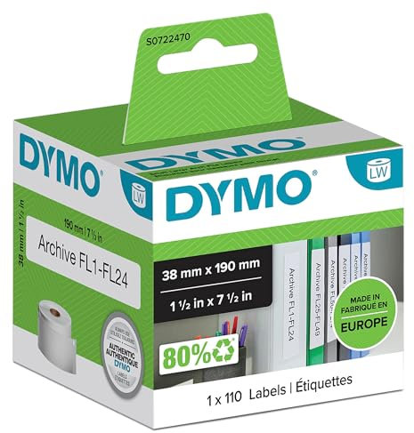 DYMO Original LabelWriter-Ordner-Etiketten | 38 mm x 190 mm | Rolle mit 110 leicht ablösbaren Etikettenband | selbstklebend | für LabelWriter Etikettendrucker und Beschriftungsgerät