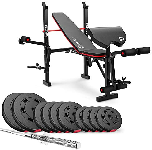 Hop-Sport Hantelbank mit Gewichten HS-1055, klappbare Trainingsbank mit Curlpult, Butterfly und Beincurler Inkl. 38 kg - 129,5 kg Hanteln Set