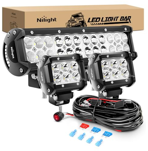 Nilight 12 Inch 72W Spot Flood Combo Led Light Bar 2Pcs 4Inch 18W Flood LED Pods Fog Lights Off Road with Wiring Harness Kit-3 Leads for Van Camper Car Pickup Golf Cart ATV UTV SUV Truck Boat 4x4