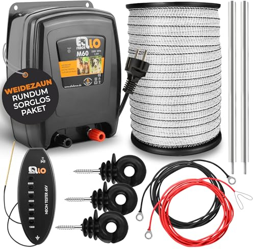 Ellofence Kit démarrage clôture électrique L – Appareil secteur robuste avec 200 m ruban, testeur, isolateurs à anneau & mise à la terre – Kit complet idéal chevaux & animaux sensibles