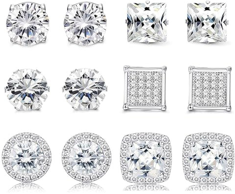 Finrezio 6 Paar Halo Ohrstecker mit Zirkonia für Damen Herren Zirkonia Ohrringe Set Weißgold Plattieren Round Square Brillant Ohrringe Edelstahl Hypoallergene Ohrstecker