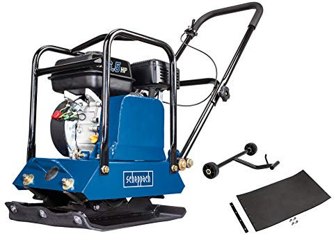 Scheppach Benzin Rüttelplatte HP1200S | 6,5PS Leistung | 15kN Verdichtungsdruck - 30cm Verdichtungstiefe | Vorlaufgeschwindigkeit 25 m/min | inkl. Gummimatte und Fahrvorrichtung