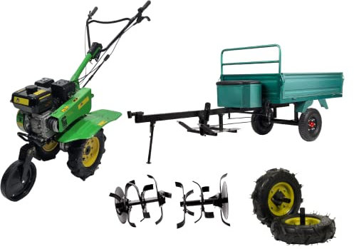 Bauen 28B Einachstraktor 7,5 PS Benzin, Riemenantrieb, 750 mm Arbeitsbreite, arbeitet bis zu Einer Tiefe von 30 cm, 3 Gänge: 2 Vorwärts&1 Rückwärts, Selbstfahrend, Ideal für die Eigenversorgung, Grün