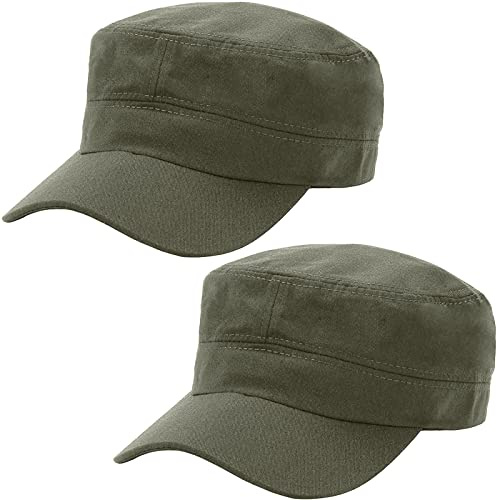 Malaxlx 2 Pack Army Green Cadet Army Cap Military Hat for Men Women Adjustable Cotton Flat Top