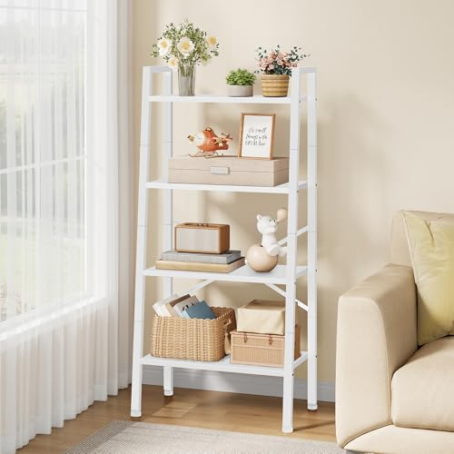 Hoctieon 4-Tier Industrial Ladder Bookshelf, Narrow Ladder Shelf, Tall Standing Bookshelf, Skinny Open Ladder Shelf, for Living Room, Home Office, Kitchen, Bedroom, Metal Frame, White