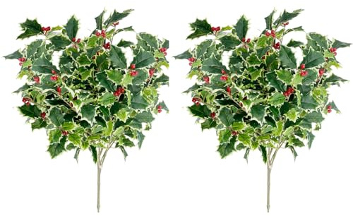 Admired by Nature Artificial Holly Leaves with Berries Bush Bouquet - for Holiday Winter Christmas Home Decor, Faux Floral Arrangement for Crafts, Events, Funerals, Cemeteries - Set of 2, Green