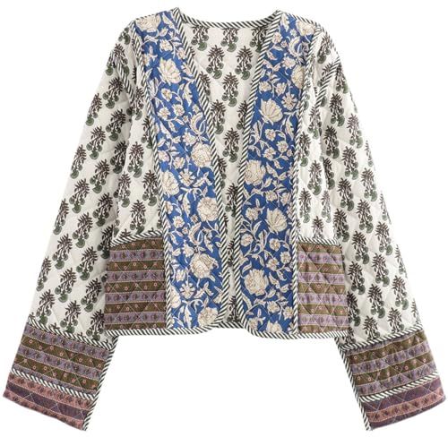 Wyeysyt Women's Cropped Puffer Quilted Jacket Cardigan Floral Printed Lightweight Long Sleeve Open Front Short Padded Coats(Beige-S)