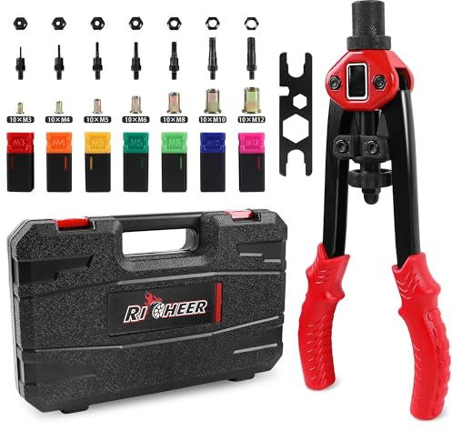 Richeer Nietenzange Set, Gewindenieten Zange Set Mit Koffer, 13330mm Professioneller Nietpistole Nietzange Set Doppelgriff Nietpistole, Nietzange M3 M4 M5 M6 M8 M10 M12 und 150 PCS Nietmuttern