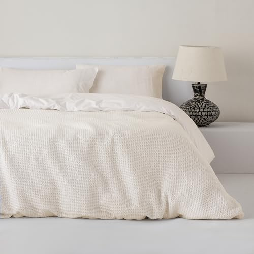 COTTON ARTean Funda Nórdica AYALA BEIGE Algodón 100% Waffle Cierre con botones Cama de 90 ( 150x220 cm) + 1 funda de almohada